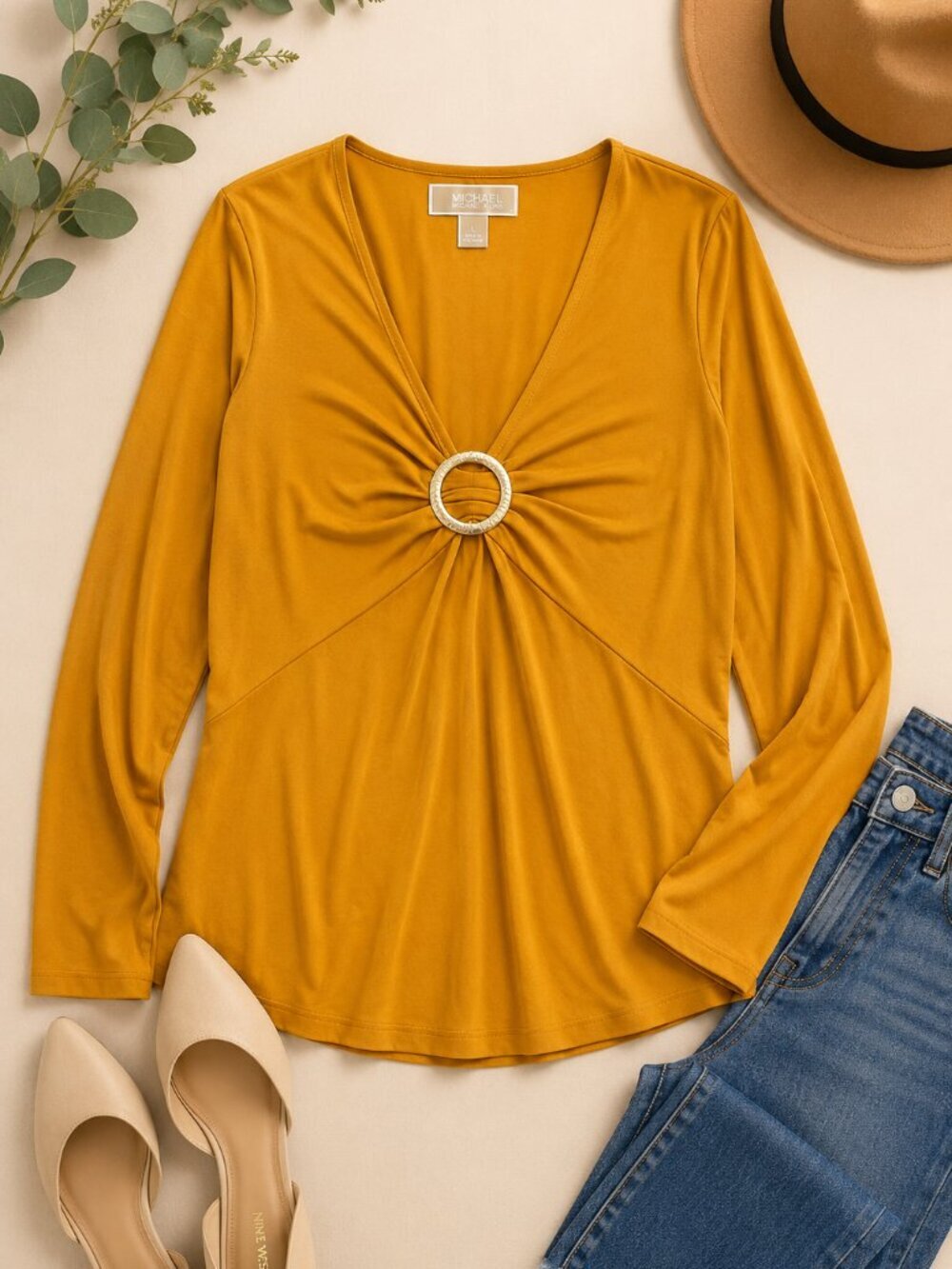 Michael Michael Kors Mustard Gold Ring Detail V Neck Top Size Large
